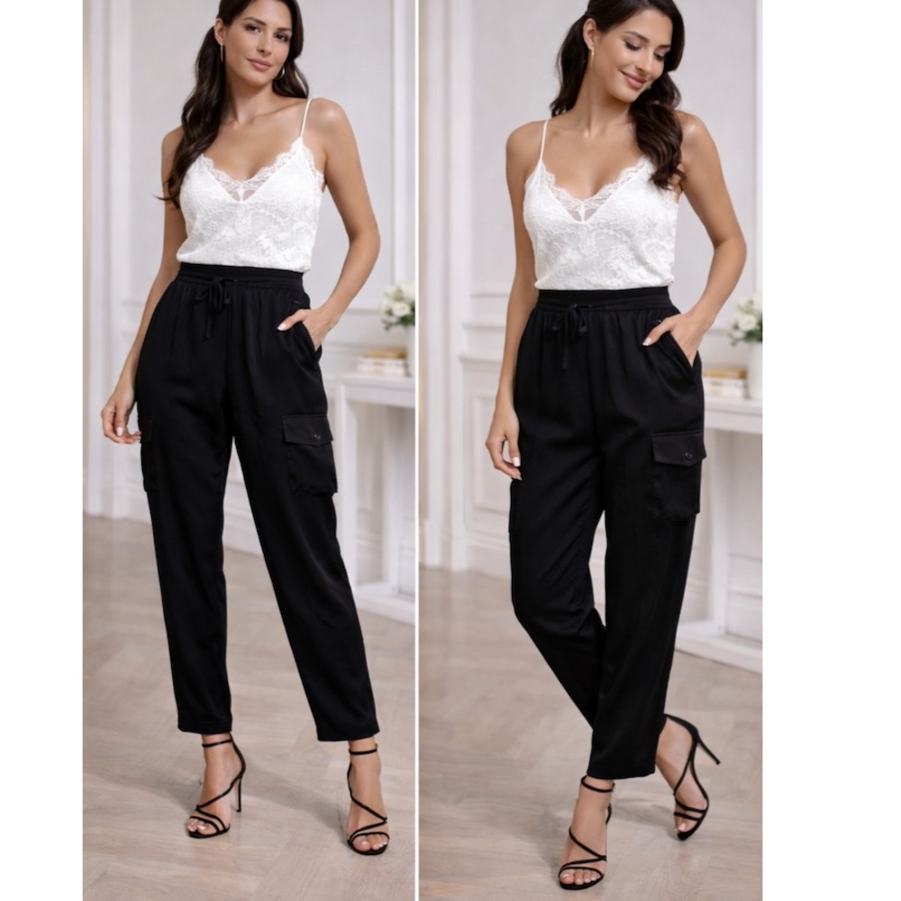 Elie Tahari Jagger Satin Cargo Pants LARGE Black High Rise Y2K Luxe Utility Chic - Picture 4 of 12